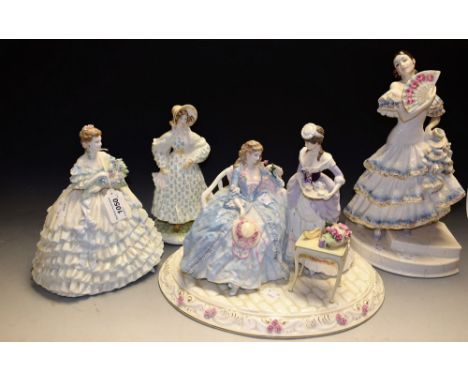 A Royal Worcester figure, Maria, 241/250; another, Walking-out Dresses of the 19th Century; a Coalport figure group, The Coal