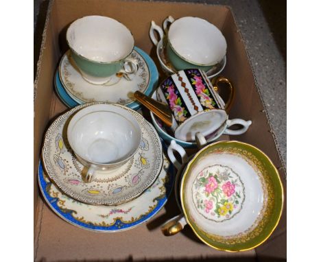 Ceramics - an Aynsley teacups and saucer, printed with summer flowers, others similar; Staffordshire teacups and saucers; a F