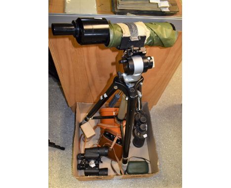 A Wray of London prismscope/spotting scope, 20x60; a pair Delacroix, Paris binoculars, 8x30; others, Trentor, Swift and Siriu