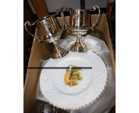Ballroom dancing interest - a pair of silver plated trophies presented by renowned 1930s band leader Billy Merrin in 1936; cu