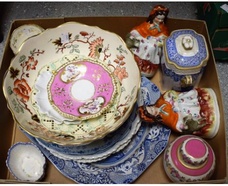 A pair of Victorian Staffordshire flatback Red Riding Hood figures; a 19th century cream ware plate; a Spode wafer box and co