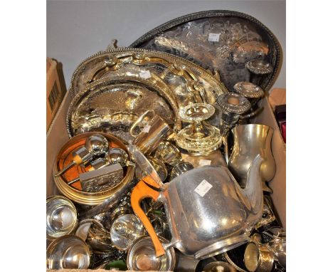 Plated Ware - a Viners gallery tray; a three branch candelabrum; cigarette box; others, trays, goblets, trophies, wine bottle