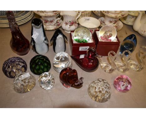 Glassware - a Wedgwood paperweight modelled as an otter; others similar, ducks, penguin and elephant; a Caithness paperweight