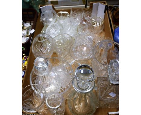Glassware - a cut glass decanter, others; vases; drinking glasses; fruit bowls; serving dishes; qty