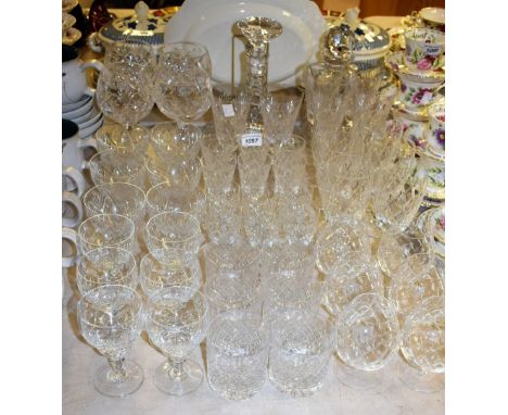 Glassware - a cut glass ships decanter; another, whisky decanter; a suite of six cut glass wine glasses; others similar inclu
