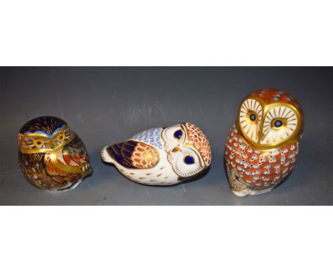 A Royal Crown Derby Paperweight, Barn Owl, gold stopper, boxed; another, Little Owl, gold stopper, boxed; another, Owl, gold 