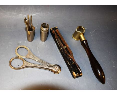 A horn handled shot measure; a cased tuning fork; a cased tool set