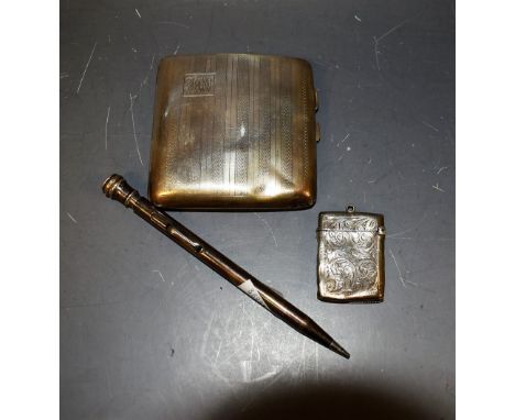 An Edwardian silver cigarette case; an Edwardian silver vesta case, 97g gross; Victorian plated Eversharp pencil (3)