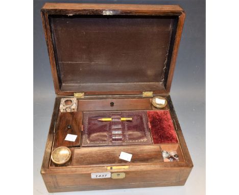 A 19th Century rosewood writing box, fitted tray, pen trays, ink wells etc, inlaid white metal stringing, mother of pearl esc