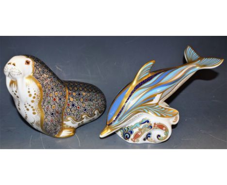 A Royal Crown Derby Paperweight, Russian Walrus, limited edition 390/1500, gold stopper, certificate, boxed; another,  Dolphi