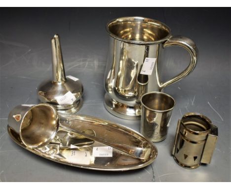 A white metal wine funnel and strainer; a silver plated baluster glass bottom mug; an Elkington plate oval dish; a white meta