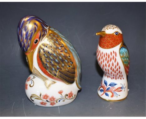 A Royal Crown Derby Paperweight, Kingfisher, gold stopper, boxed; another, Humming Bird, gold stopper, boxed (2)