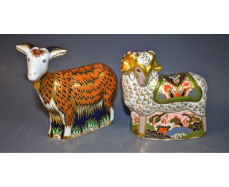 A Royal Crown Derby Paperweight, Imari Ram, Visitor's Centre Exclusive, gold stopper, boxed; another, Nanny Goat, Visitor's C