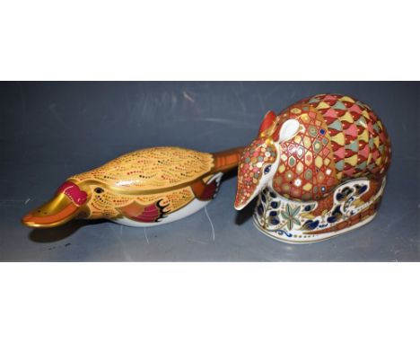 A Royal Crown Derby Paperweight, Armadillo, gold stopper, boxed; another, Duck-Billed Platypus, gold stopper, boxed (2)