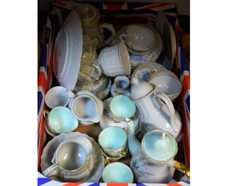 Ceramics - a Queen Anne china coffee service, Louise pattern, pink flower sprigs on white ground, pale turquoise interiors;  