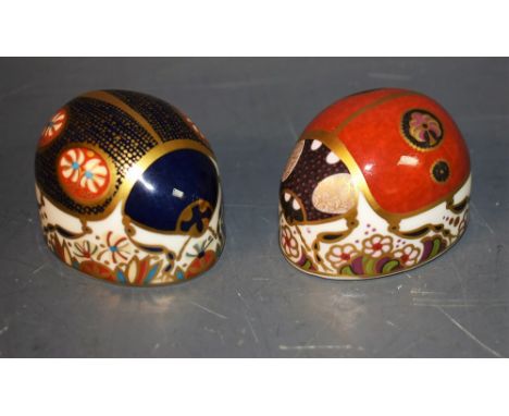 A Royal Crown Derby Paperweight, Blue Ladybird, gold stopper, boxed; another, Ladybird Two Spot, gold stopper, boxed (2)