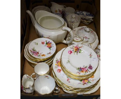 Royal Crown Derby Posies - a large teapot; six 21cm plates; six 16cm plates; a miniature teapot, sugar bowl, creamer and tray