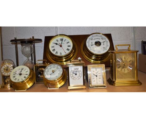 Horology - a Foster Callear ship's clock and barometer mounted on mahogany board; a large mahogany mounted hourglass; a Metam