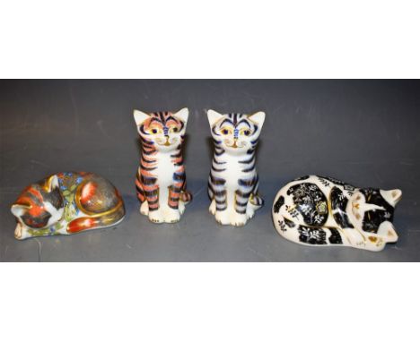 A Royal Crown Derby Paperweight, Catnip Kitten, gold stopper, boxed; another, Misty, gold stopper, boxed; two other kittens, 