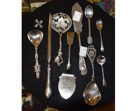 Continental silver and white metal flatware to include a souvenir Bergen spoon; a Dutch silver windmill spoon; a Norwegian ca
