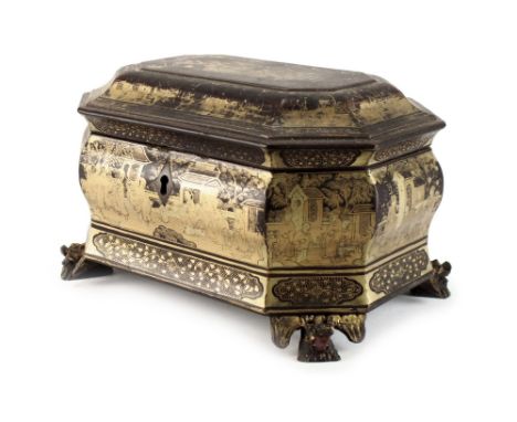 A Chinese lacquer tea caddy, 18th century, of canted sarcophagus form and raised on zoomorphic feet, the outside decorated in