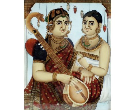 Indian School, 19th century, portrait of two ladies with a veena in an interior setting, reverse painting on glass, 50x40cm.