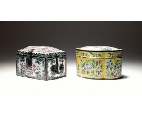 Two Chinese Canton enamel boxes, 19th century, the first of casket form with applied metal swing catch and handles, painted i