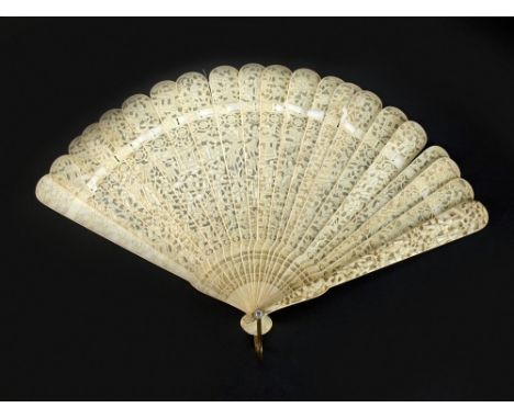 A Chinese Canton ivory brise fan, Qing, 19th century, the nineteen stick fan finely carved to both sides with a densely popul