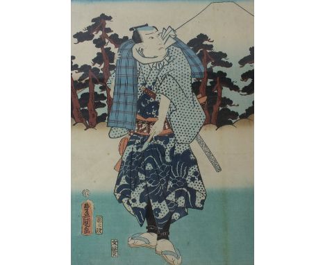 Utagawa Kunisada (Toyokuni III) 1786-1865, A triptych, measuring 45cm x 33.8cm, together with two prints from the May Flower 