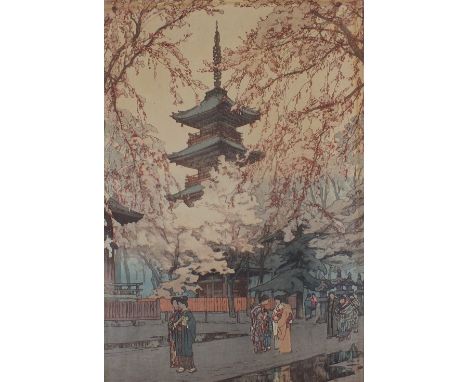 Hiroshi Yoshida (1876-1950) 'Sarusawa Pond', 'A Glimpse of Ueno Park', and 'In a Temple Yard', woodblock print on paper, each