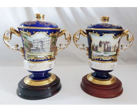 Pair of Aynsley limited edition twin handle vases and covers , made to commemorate the 90th birthday of Queen Elizabeth the Q