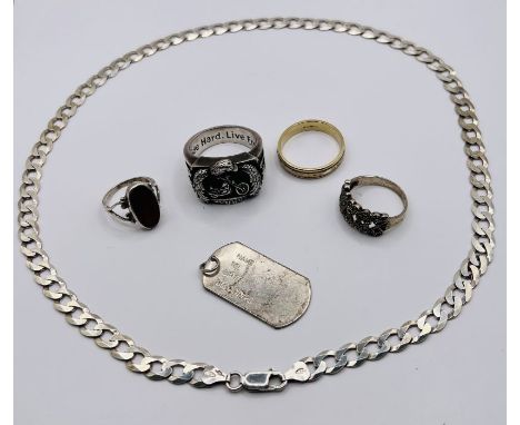 A selection of gold, silver and white metal jewellery items. Comprising a 9ct gold court ring, size Y, aproximate weight 5.1 