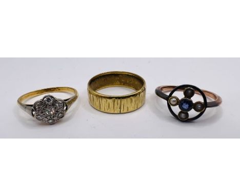 Three yellow metal rings. Comprising a seed pearl and amethyst round panel ring, stamped "15ct", size N, approximate weight; 