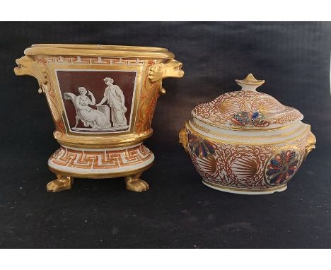 A Coalport Cache Pot C1800-1805, London decorated&nbsp;with Greek Key border and a Coalport Japan Pattern sucrier, with dolph