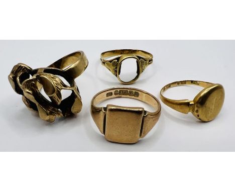 Three 9ct gold rings with a yellow gold example. Featuring a 20th century brutalist piece (approximate weight 4.9 grams), siz