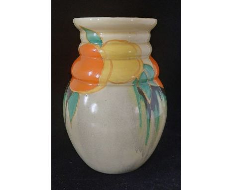 A Clarice Cliff Delicia Citrus 358 Vase, Bizarre range stamp,C1930,stands  20cm tall.Condition: Restoration to the rim as sho