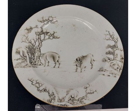 A Chinese export porcelain large circular plate Qianlong period C17440/50 decorated En Grisaille with two gaur bulls in a roc