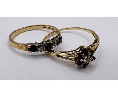 Two gemset nine carat gold rings. One set with a cluster of rubies, size O, the other a dress ring set with cubic zirconia an