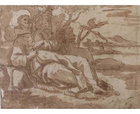 An 18th century pen and ink drawing of a saintly figure holding a crucifix, laid against a rock on a mat under some trees. Af