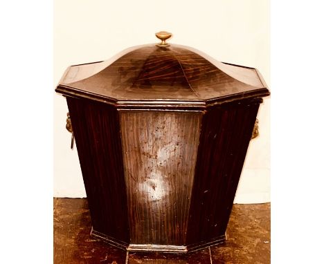 A Regency style Brazilian rosewood type coal scuttle, in a sarcophagus shaped, brass handle mounted on moulded edge hinged li