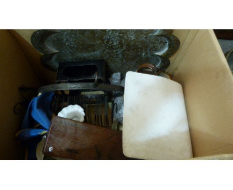 A box of sundries to include a lamp corona, Benares tray etc.