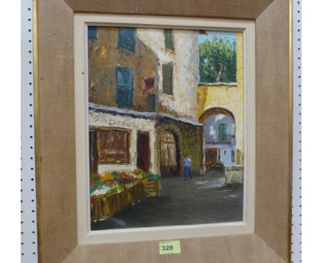 R. FRANCISCO Continental town with figures. Signed. Oil on board. 15'' x 12'' 
