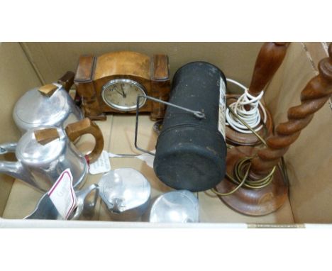 A Picquot pewter tea service, mantle clock, AA badges etc.