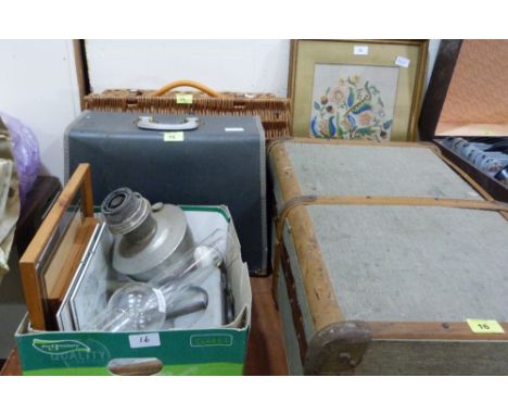 Picnic hamper, sewing machine, canvas trunk, embroidery and a box of sundries