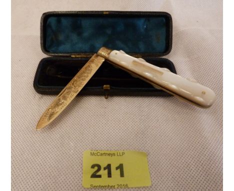 A Victorian silver gilt and mother-of-pearl fruit knife, maker JYC. Morocco cased. Sheffield 1893