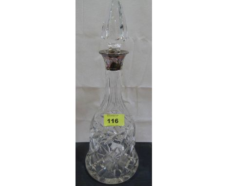 A cut glass decanter of bell design, with silver collar. Birmingham 1977. 13¼'' high