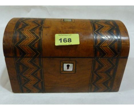 A Victorian burr walnut and inlaid caddy with domed lid. 8'' wide