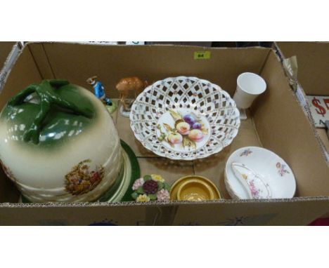 A box of ceramics to include Royal Worcester, Crown Derby, Bunnykins, cheese dome etc.