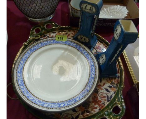 A Victorian pewter and ceramic warming plate, Imari decorated tray and a pair of Secessionist style vases