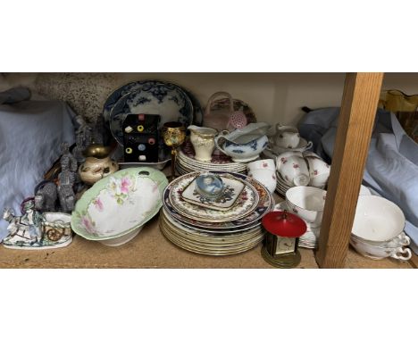 Glass paperweights together with a floral decorated part tea service, pottery plates, ruby glass goblet etc  